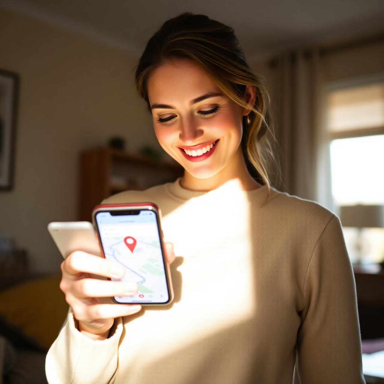 Mutter checkt entspannt die Eltern-App mit Standort des Kindes